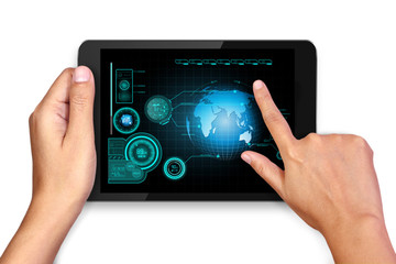 Hands holding and Futuristic HUD interface elements on tablet 