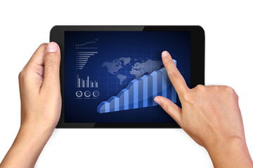 Hand holding digital tablet with analyzing graph on white background