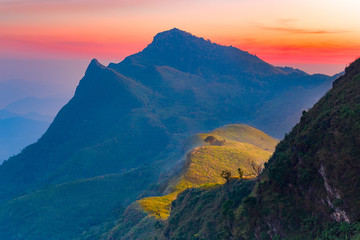 Obraz na płótnie Canvas Mountains with spotted sunshine at Doi Pha Tang, Chiang Rai, Tha