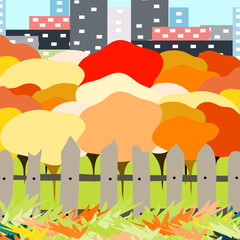 beautiful autumn city park on a background of a big city vector illustration