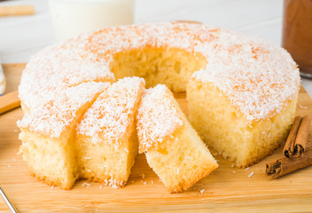 homemade bundt cake on wooden board