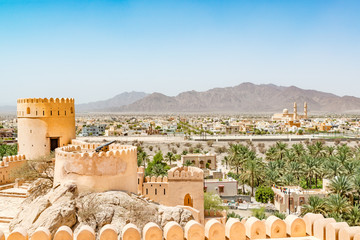 Nakhal Fort in Al Batinah Region of Oman. It is located about 120 km to the west of Muscat. Nakhal town is known as the town of oasis.