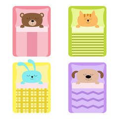 Cute sleeping animal set. Cat, bear, dog rabbit, hare and  bunny. Bed, blanket pillow. Baby background. Flat design.