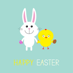 Cute bunny rabbit and chicken holding eggs. Happy Easter.  Round frame. Flat design.