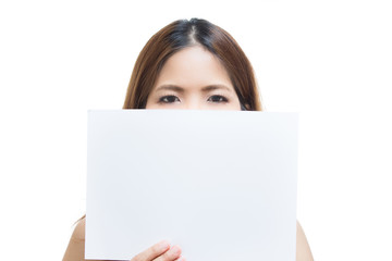 woman holding blank paper on white background