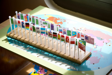 Group of national world flag on wood world board ,for child lear