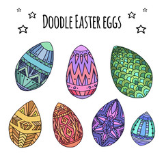 Set of colorful festive doodle eggs with boho pattern