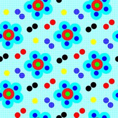 abstract psychedelic flowers on blue background seamless pattern vector illustration