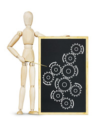 Man explains the system unit. Abstract image with a wooden puppet