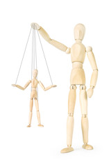 Man holds in his hands the marionette on threads. Abstract image with a wooden puppet