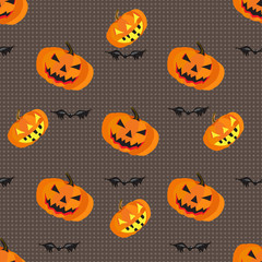 Pumpkins and bats on a gray background geometric seamless pattern vector illustration