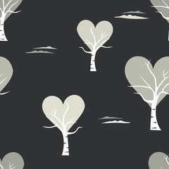 Lyrics birch stylized poetic heart tree background. Seamless repeat black and white pattern. Vector illustration.