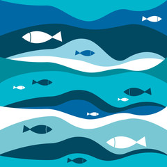 Blue abstract waves with fishes pattern. Vector sea illustration background.