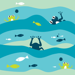 Blue abstract waves with fishes and frog pattern. Vector child  illustration background.