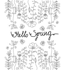 monochrome floral garden with butterfly with the words Hello spring on white background