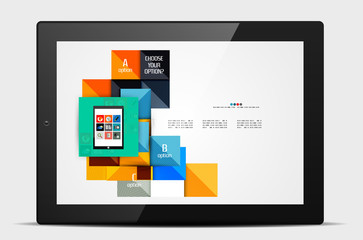 Geometric square shapes and infographic option elements with tablet