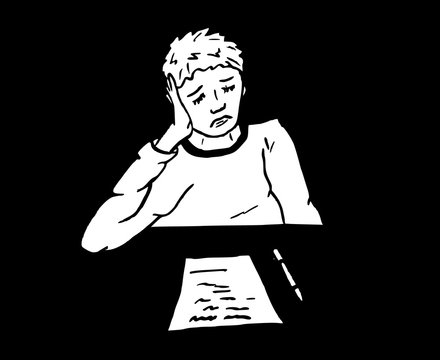 Zwart wit afbeelding van jongen die verdrietig is om uitslag examen