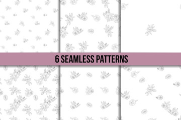 set of six black and white floral patterns