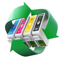 CMYK set of cartridges with recycling symbol