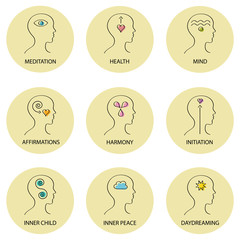 Symbols of meditation and alternative healing vector icon set