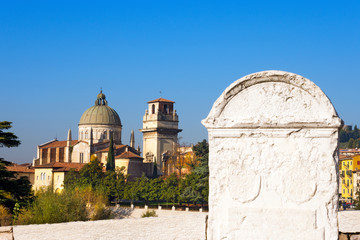 Church of San Giorgio in Braida - Verona Italy / The church of San Giorgio in Braida seen from the Ponte Pietra (Stone bridge - 1st century B.C.). Verona, Veneto Italy, UNESCO world heritage site