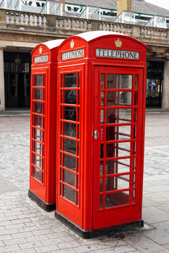 Classical red telephone booth in Covent Garden in London