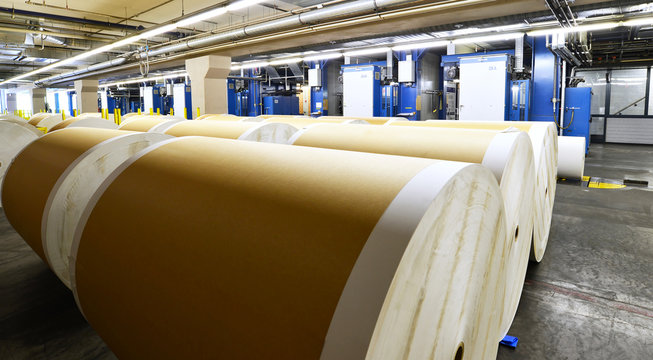 Papierrollen in einer Druckerei für Tageszeitungen, im Hintergrund Offset-Druckmaschinen // Paper rolls in a printing plant for newspapers, in the background offset presses