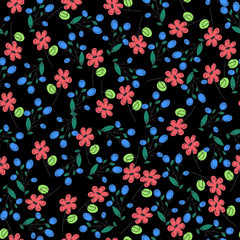 black textile seamless pattern witth floral elements