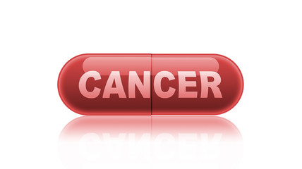 Single red medicine capsule labeled cancer.