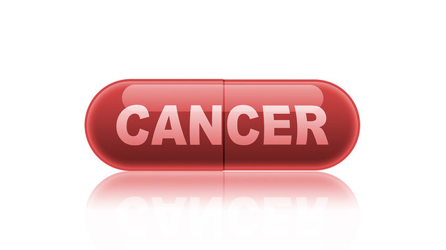 Single red medicine capsule labeled cancer.