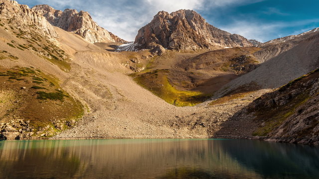 4K Timelapse. Mountain lake in the gorge Sayramsu, Kazakhstan