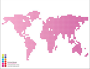Abstract graphic world map of round dots with pointer marks. Vector illustration.