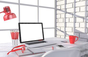 3D illustration laptop and work stuff on table near brick wall, Workspace