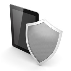 Tablet PC and shield on white device security concept