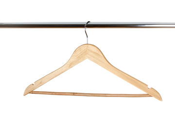 wooden coat hanger weigh on the handrail on a white isolated background