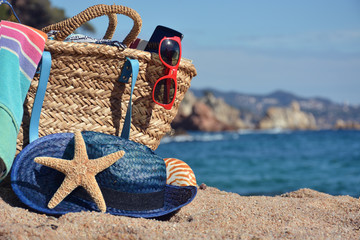 Beach bag with a book and a telephone