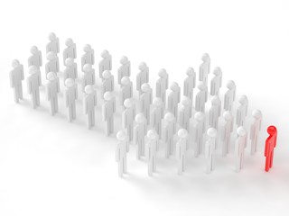 Many 3d people figure in arrow shape with the leader in front