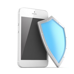 Smartphone and shield on white, security concept