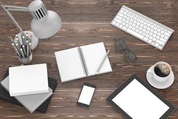 office stuff on table, workplace, top view