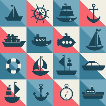 Blue and red background with sea transport