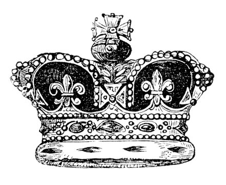 An engraved vintage illustration image portrait of the British crown of England, from a Victorian book dated 1847 that is no longer in copyright
