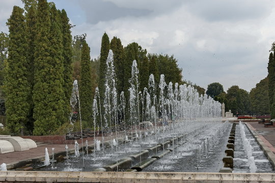 Group from many water fountains flowing in garden, Montana, Bulgaria 