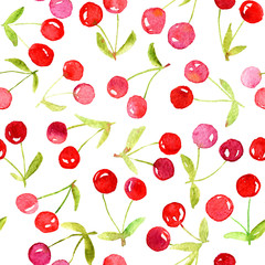 Watercolor seamless pattern with red cherries. Can be used for wrapping paper, background of birthday, mother's day and any holidays.