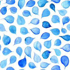 Watercolor seamless pattern with blue, azure leaves. Floral pattern with watercolor. 