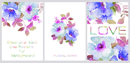 Set of postcards. Simple blue watercolor flowers. Templates for your creativity. Spring and summer motifs. 