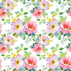 Watercolor seamless pattern with simple colorful flowers. Spring and summer motifs. Can be used for wrapping paper and any your design.