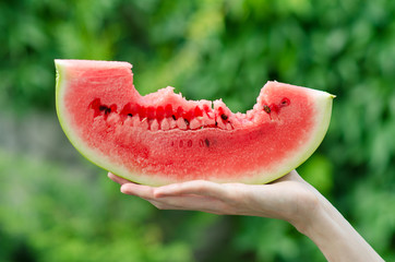 Summer and fresh watermelon theme: a man holds a slice of watermelon on a green background