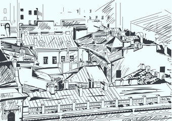 Roofs in the old town center. Saint-Petersburg, Russia. Hand drawn vector digital illustration