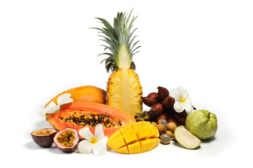 Assortment of exotic fruits isolated on white
