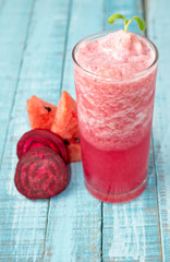 watermelon-beetroot shake in frozen highball with ingredients